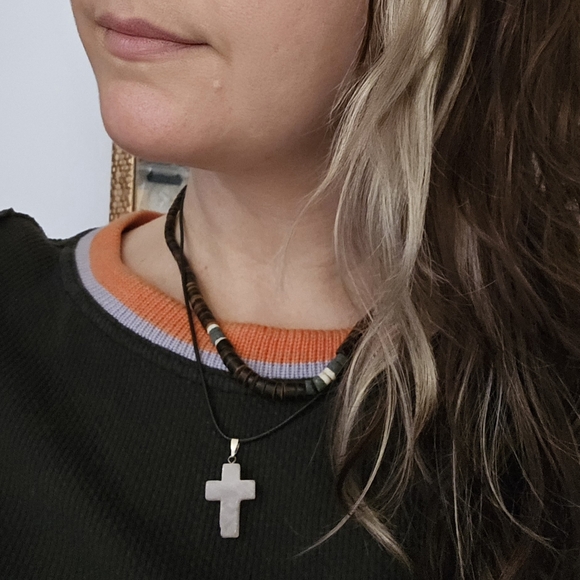 vintage Grunge necklace choker Leather Cord Rose Quartz Cross Puka Shell boho - Picture 2 of 7